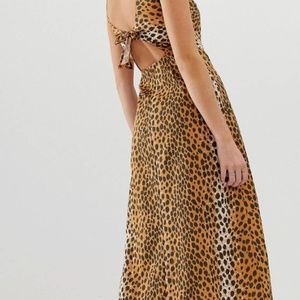 Linen Maxi Dress in Leopard Print with Back Cut Out